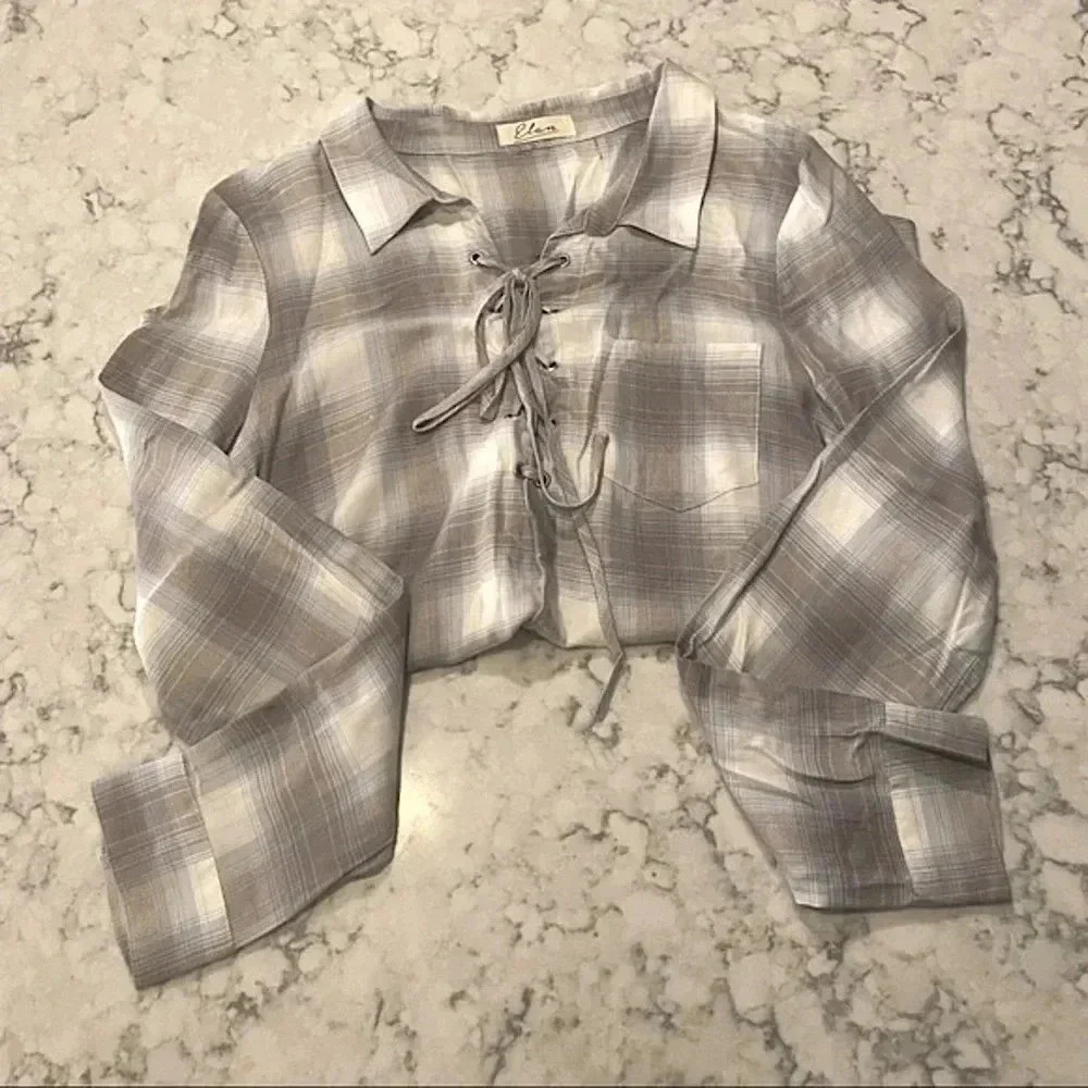 ELAN Plaid Lace Up V-Neck Long Sleeve Shirt Collar Blouse M